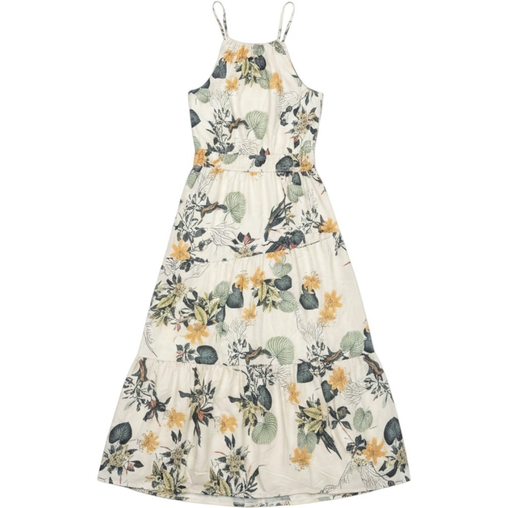 Floral Maxi Dress Women 2XL Cream Tropical Boho Tiered Halter Sleeveless Spring